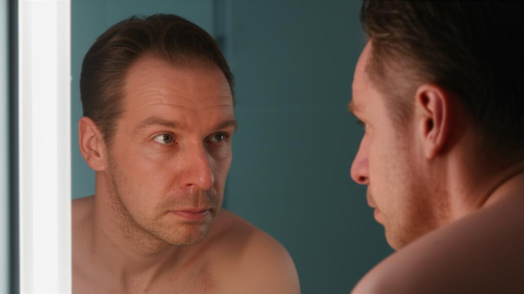 Tired man looking in the mirror, feeling frustrated about his energy levels, soft lighting, realistic style
