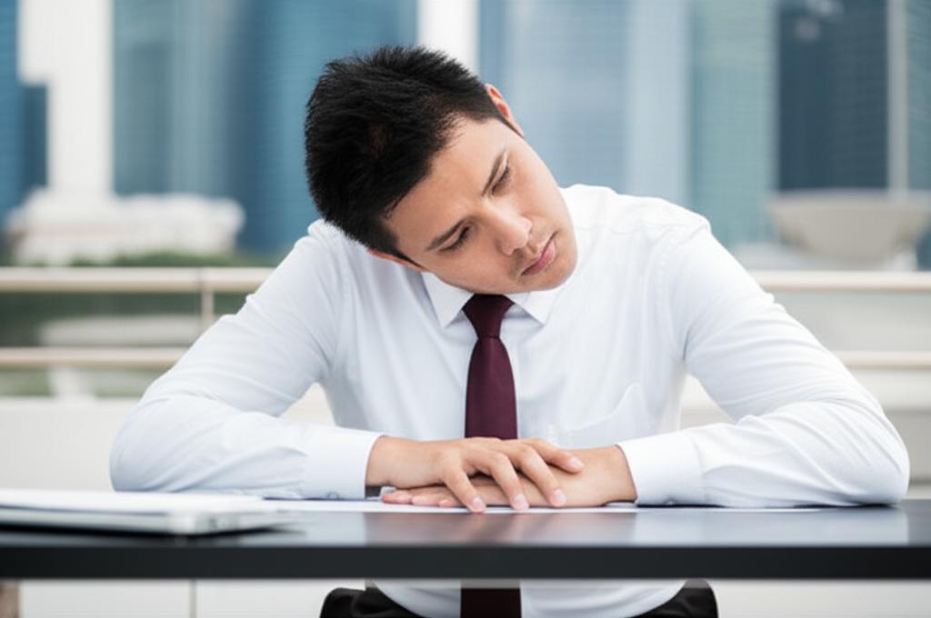 man feeling tired and stressed, sitting at a desk, low energy, Singapore urban background, realistic photo