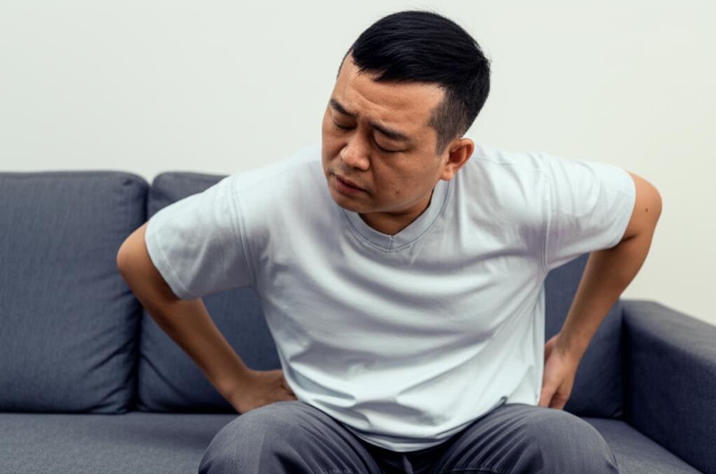 AI prompt: A middle-aged Asian man looking tired and rubbing his lower back, sitting on a sofa at home, realistic photo