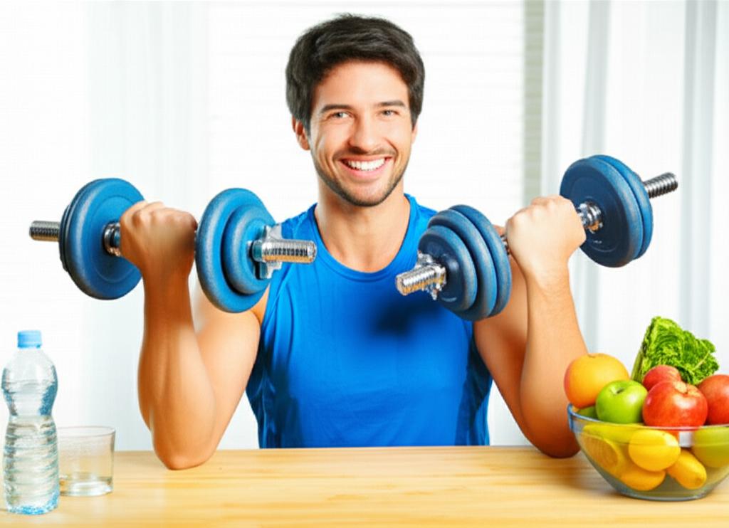 Image depicting a man practicing healthy habits like exercise, drinking water, and eating healthy food, looking confident and energetic, bright and positive atmosphere, realistic style