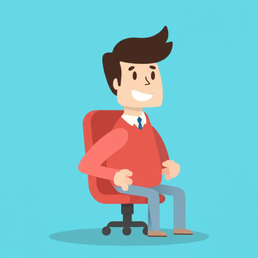 Illustration of a programmer smiling and feeling energetic, standing up from a chair comfortably.