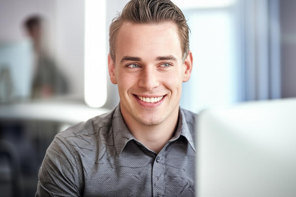 ai prompt: A male programmer smiling confidently while working at his computer, looking energetic and focused. Bright office environment.