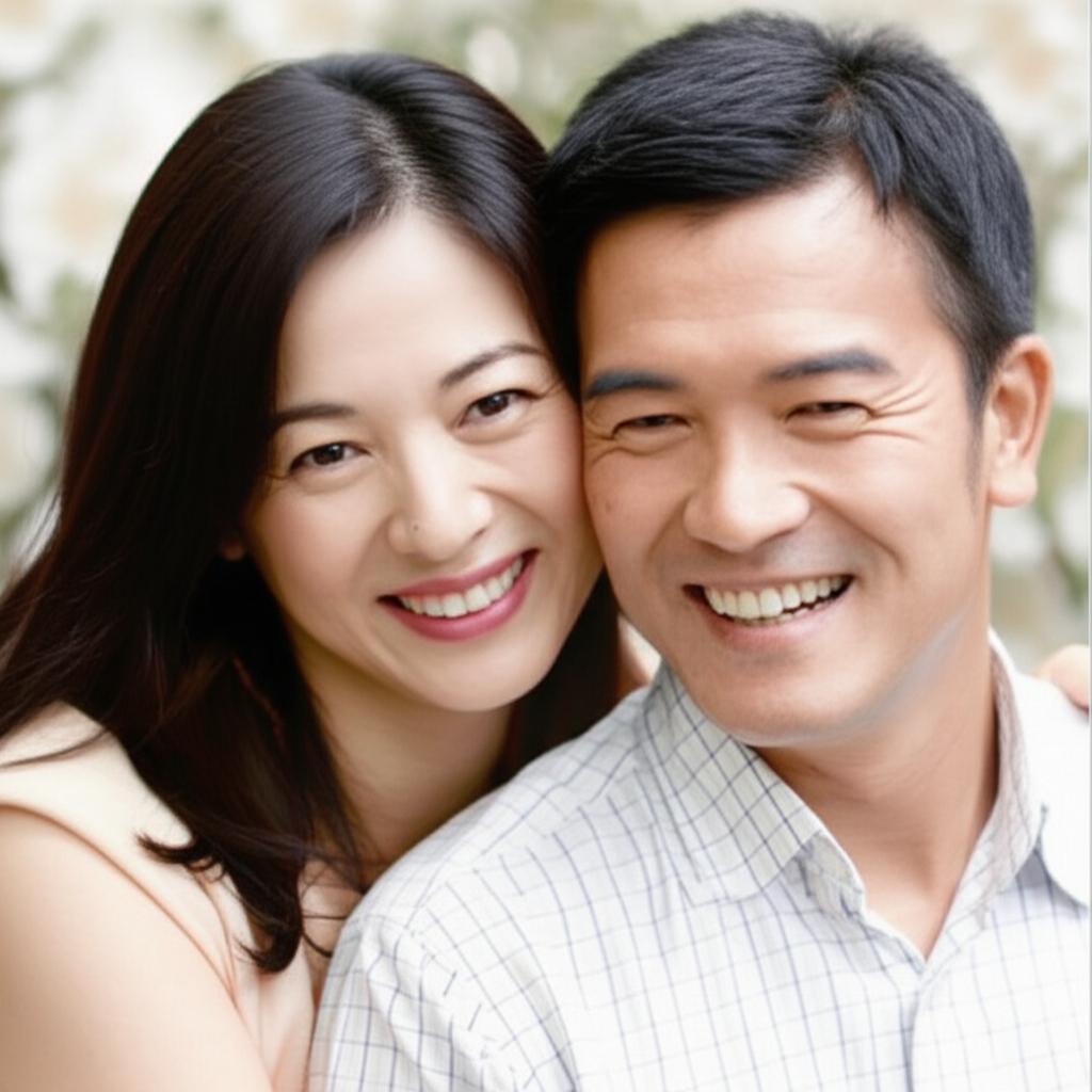 middle aged asian couple smiling and looking happy, subtle romantic atmosphere, realistic photo