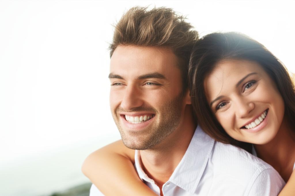 Energetic young man smiling confidently, hugging his happy partner, symbolizing regained vitality and improved relationship