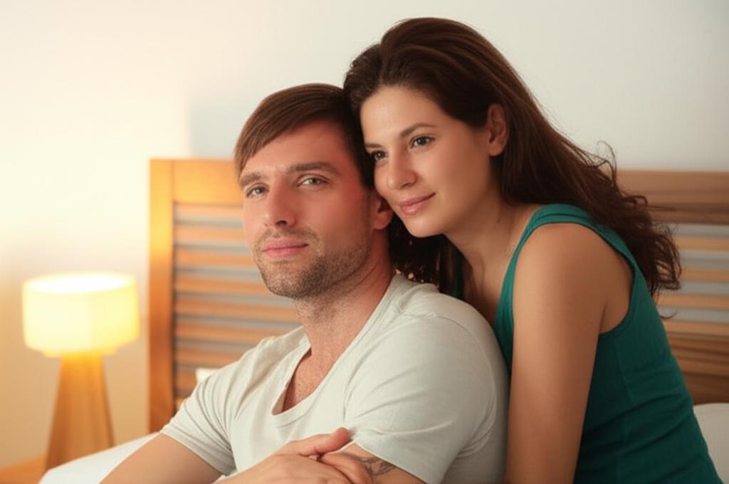 Happy young couple embracing in a bedroom, looking relaxed and content. Soft lighting, intimate atmosphere. Realistic photo style.
