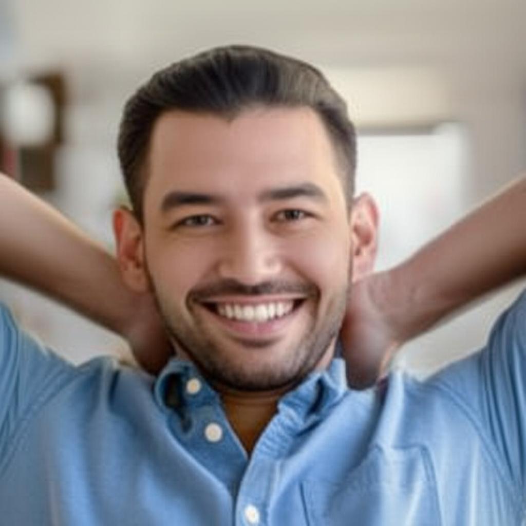 A man smiling confidently, perhaps looking relaxed and happy, implying a positive change in his life or relationship.