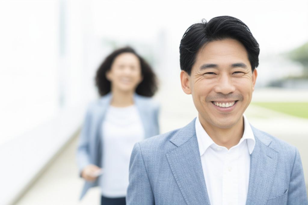 middle aged asian man smiling confidently, looking energetic, perhaps walking outdoors or with partner (subtly)