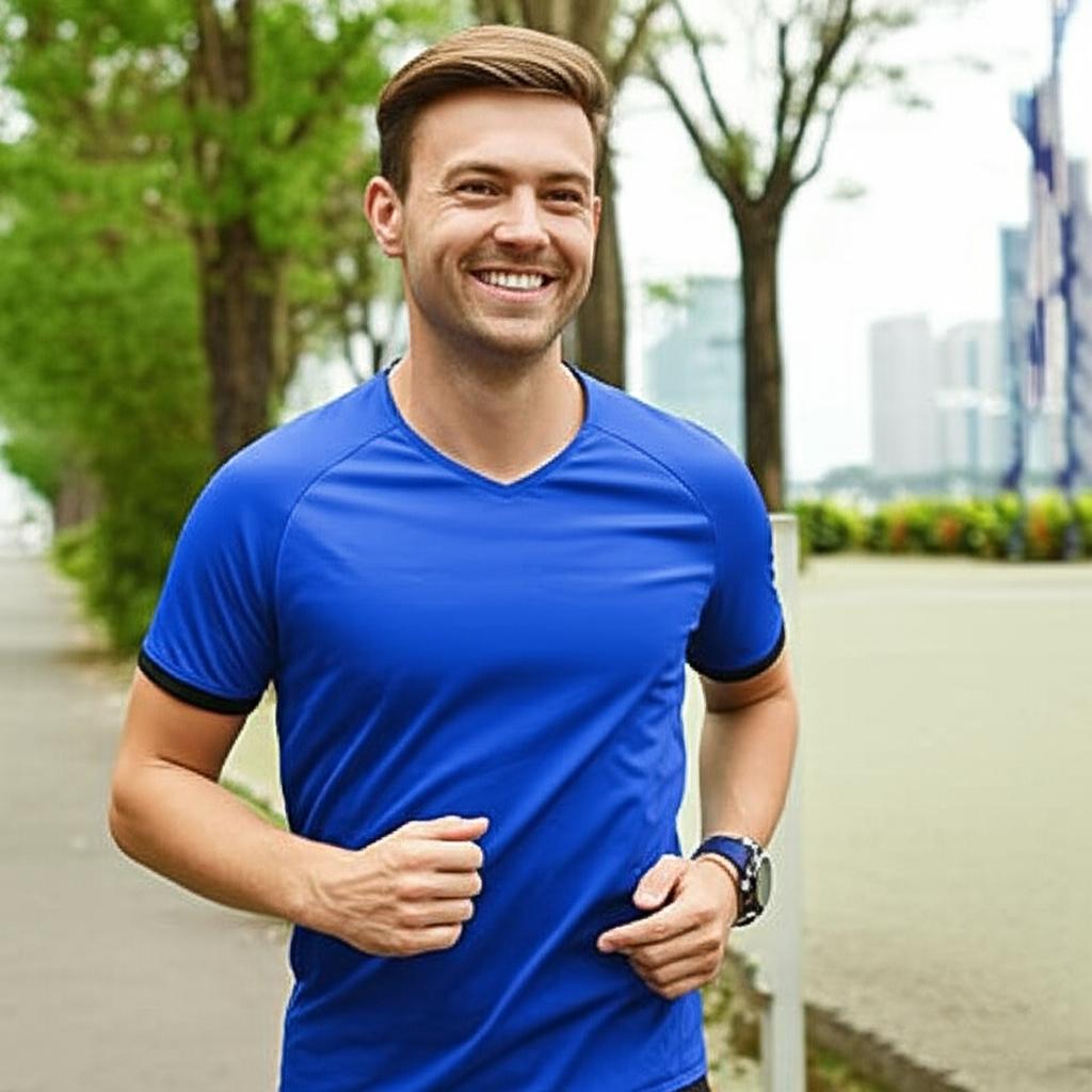 A man looking happy and confident, perhaps jogging outdoors in Singapore