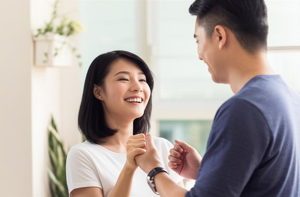Asian couple holding hands and smiling, looking happy and connected, suggesting improved relationship, warm and positive atmosphere, realistic photo