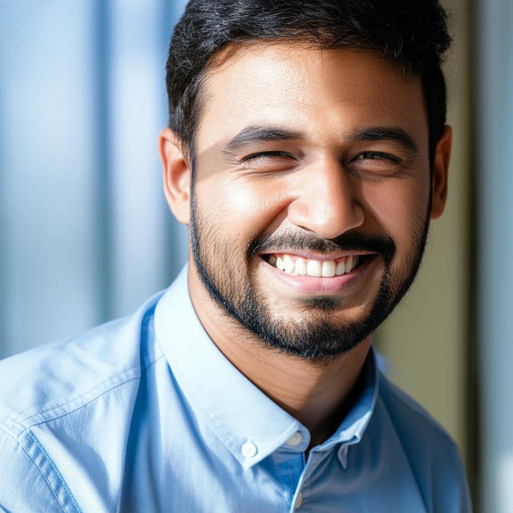 Man looking energetic and confident, sunlight streaming in, feeling revitalized, realistic photo