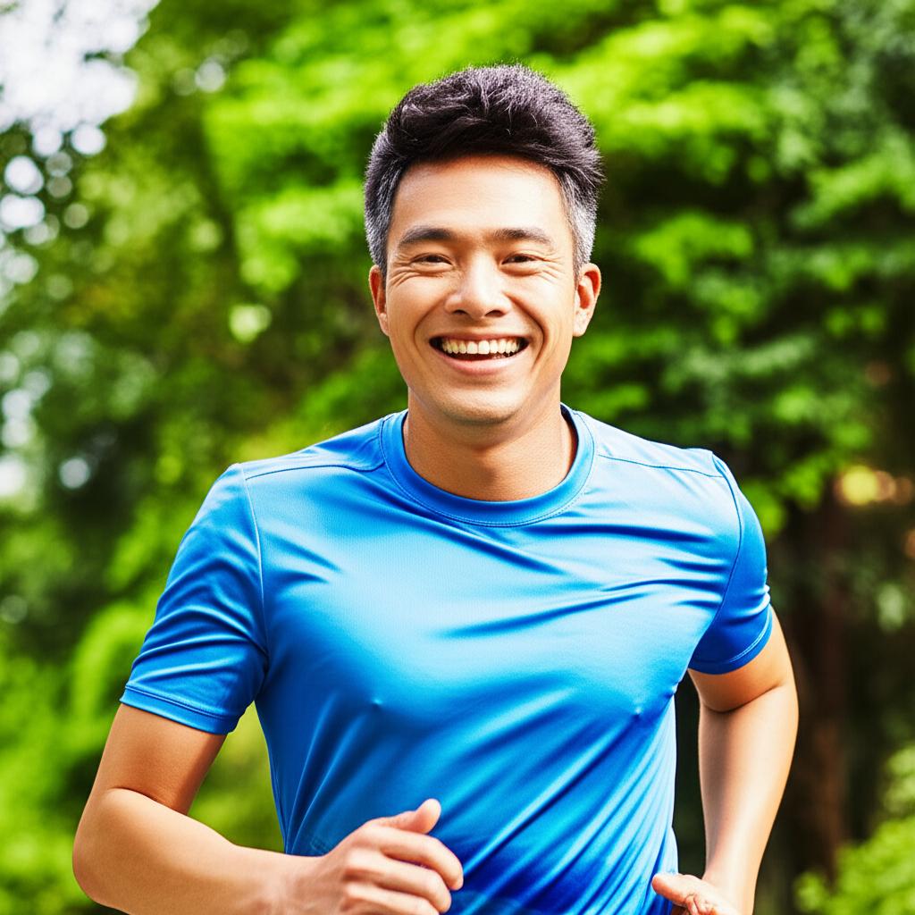 man looking energetic and confident, smiling, maybe doing light exercise or enjoying outdoor activity in Singapore, vibrant photo