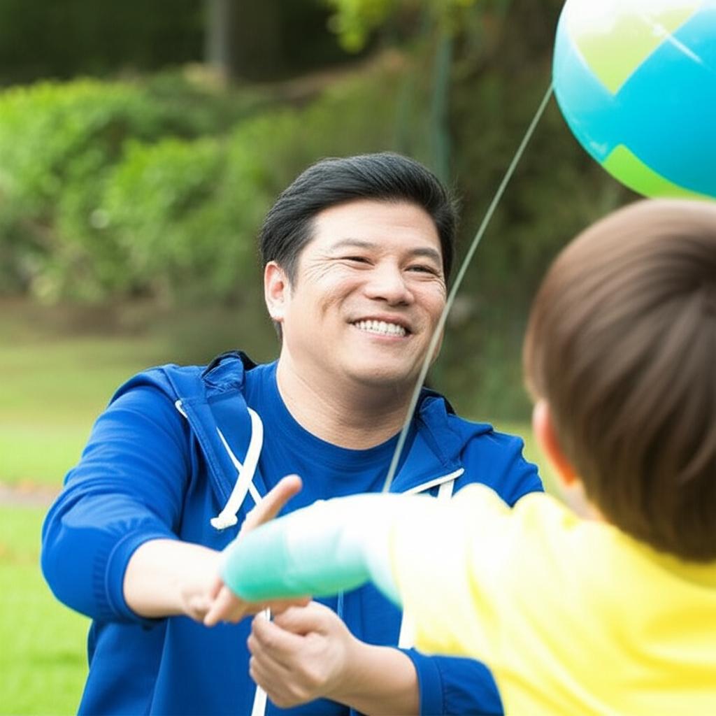 AI prompt: A middle-aged Asian man smiling and looking energetic, perhaps playing with a child or engaging in a hobby, realistic photo