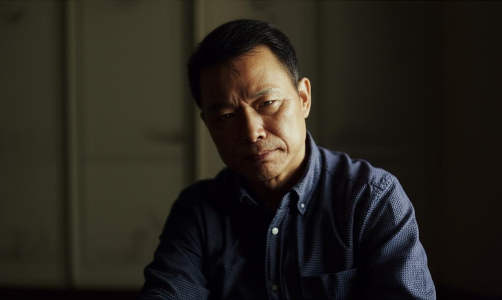 a middle-aged asian man looking tired and contemplative, sitting alone, soft lighting, realistic photo