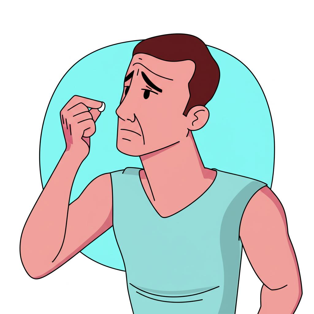 Man looking frustrated with a pill in hand, thinking about past glory, illustration style