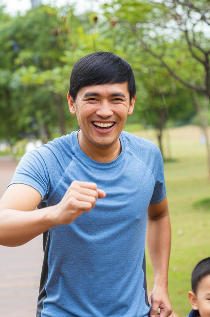 an asian man looking energetic and confident, maybe doing light exercise or enjoying time with family, natural light, realistic photo